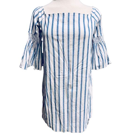 Aqua  Mini Dress Blue/White Cotton Striped 3/4 Bell Sleeve Size S - Picture 8 of 8